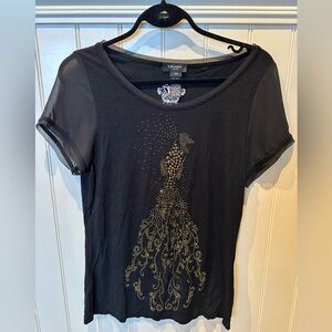 OLSEN Ladies Women’s Size Small/6 Black Gold Studded Peacock Top